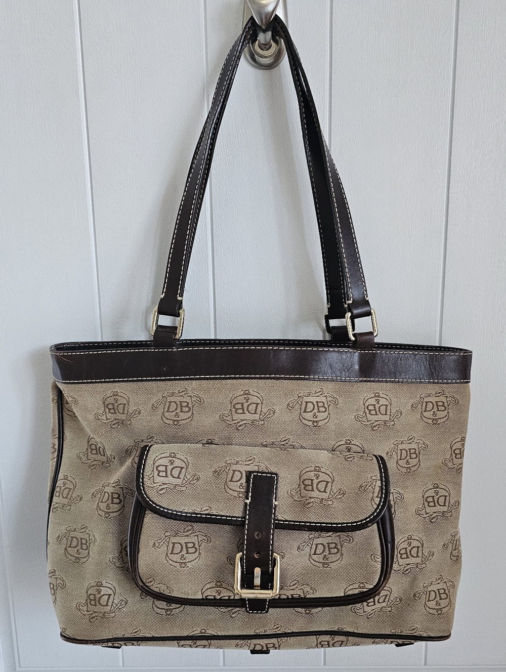 Dooney & Bourke East West Canvas / Leather Trim Donegal Crest Tote Shoulder Bag